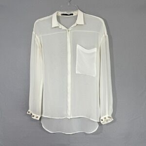 Zara Basic Women's Sheer 1Studded Cuff Button Top Size M Boho Classic Feminine‎